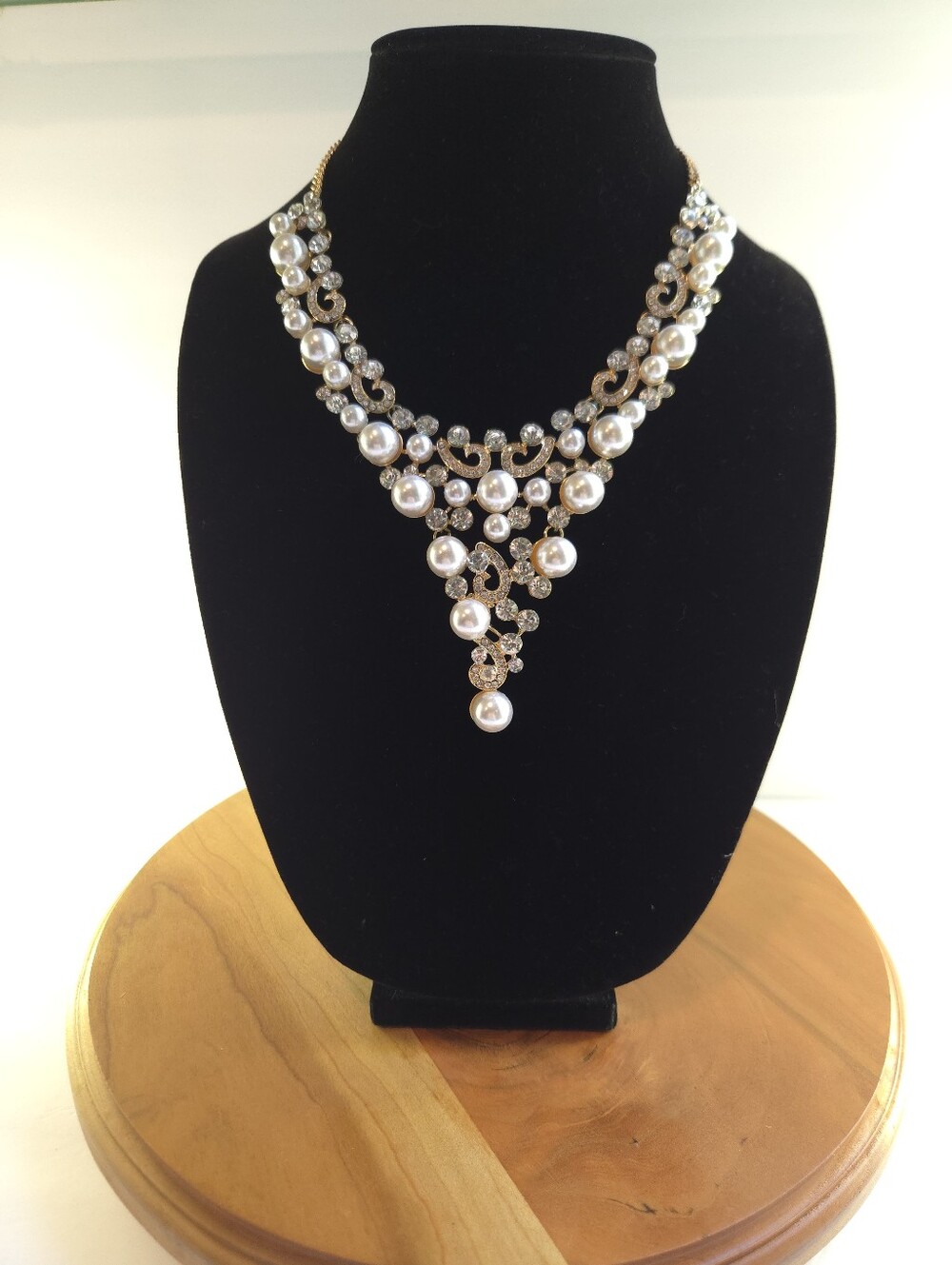Avon Gold-Tone Pearl & Crystal Bib Necklace